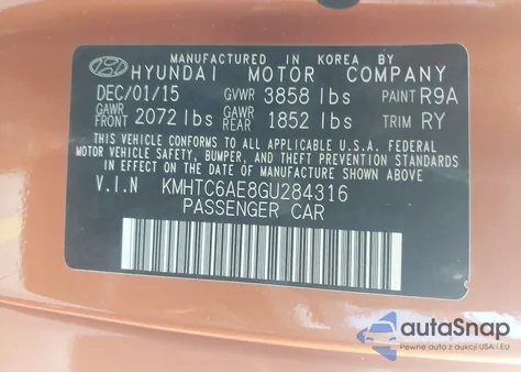 2016 Hyundai Veloster Turbo z USA, uszkodzony, nr VIN KMHTC6AE8GU284316